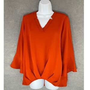 Joseph Ribkoff Blouse V-Neck Bell Sleeve Orange Top Pleated‎ Sz 4 Career Office